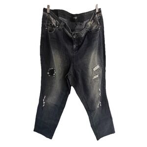 PARIS BLUES WOMENS JEANS SIZE 22 BLACK DENIM DISTRESSED HIGH RISE STRAIGHT LEG‎